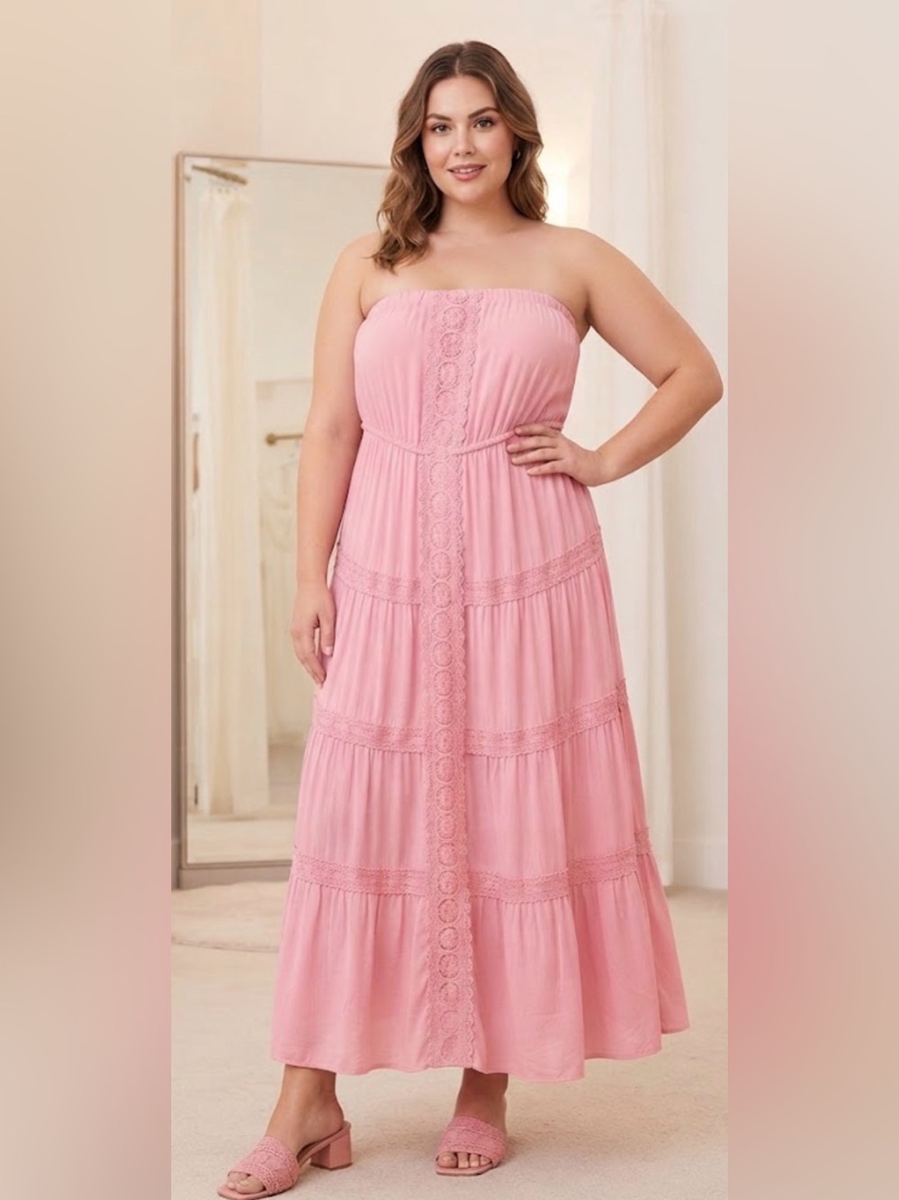 Faded Rose Strapless Tiered Maxi Dress